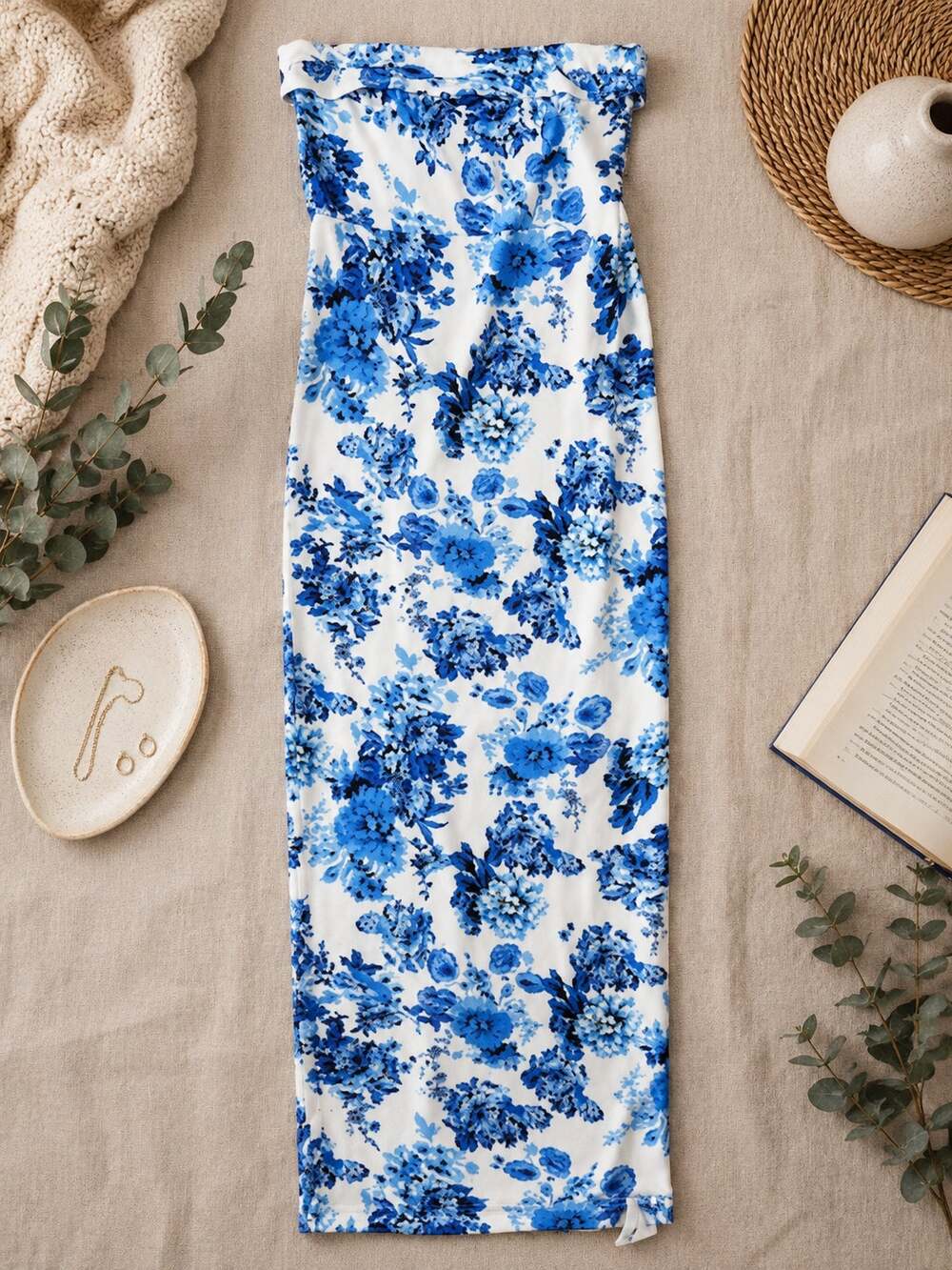 NWT Commense Women's Blue Floral Strapless Maxi Dress Riviera Chic Old Money M